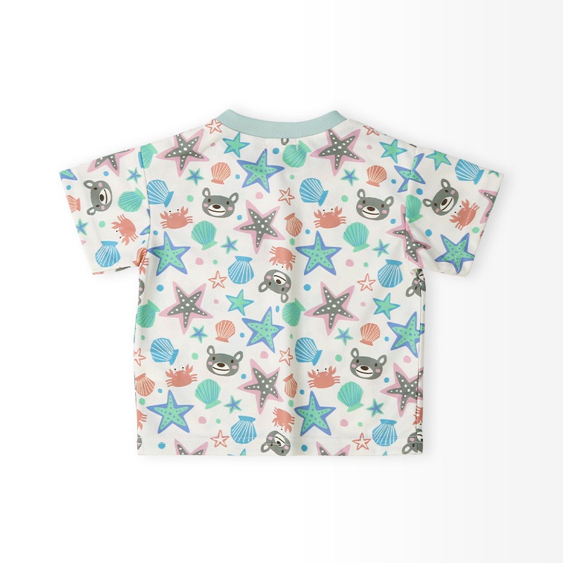 キッズ Tシャツ 半袖 ポケT 総柄 アニマル 動物 くま 男の子 女の子【ZOOMIC ズーミック】 ベビー トップス カットソー カニ ヒトデ 星 スター 肩ボタン 天竺 プリント バックプリント キャラクター 海 生き物 クマ グレー 子ども 80 90 95 100 110 120 130