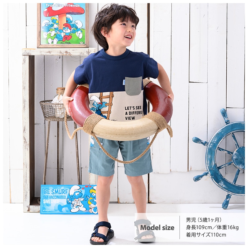 子供服 トップス 夏 デザイン 綿100％ 切替 半袖 Tシャツ( 80-130cm )【 SMURFS スマーフ 】 こども キッズ ベビー 二次加工 男の子 女の子 おしゃれ 可愛い アニメ キャラクター コットン 80cm 90cm 95cm 100cm 110cm 120cm 130cm 