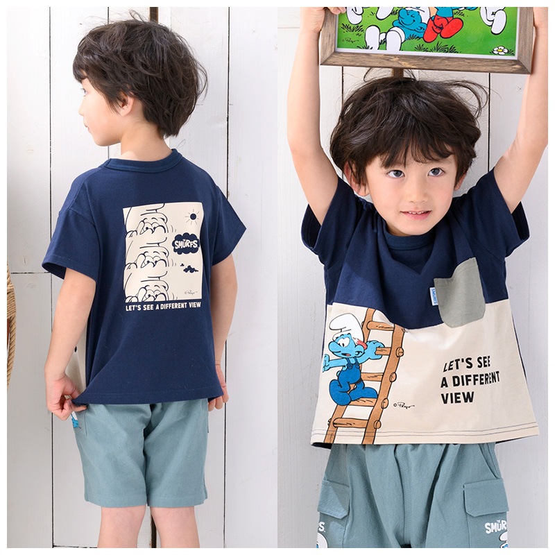 子供服 トップス 夏 デザイン 綿100％ 切替 半袖 Tシャツ( 80-130cm )【 SMURFS スマーフ 】 こども キッズ ベビー 二次加工 男の子 女の子 おしゃれ 可愛い アニメ キャラクター コットン 80cm 90cm 95cm 100cm 110cm 120cm 130cm 