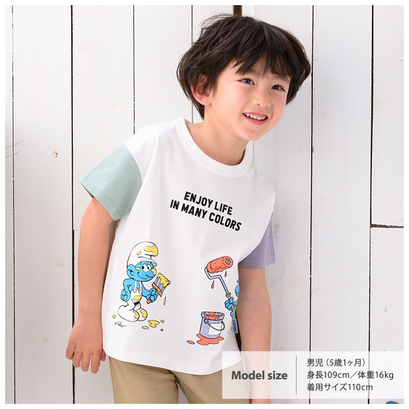 子供服 トップス 夏 デザイン 綿100％ 切替 半袖 Tシャツ( 80-130cm )【 SMURFS スマーフ 】 こども キッズ ベビー 二次加工 男の子 女の子 おしゃれ 可愛い アニメ キャラクター コットン 80cm 90cm 95cm 100cm 110cm 120cm 130cm 