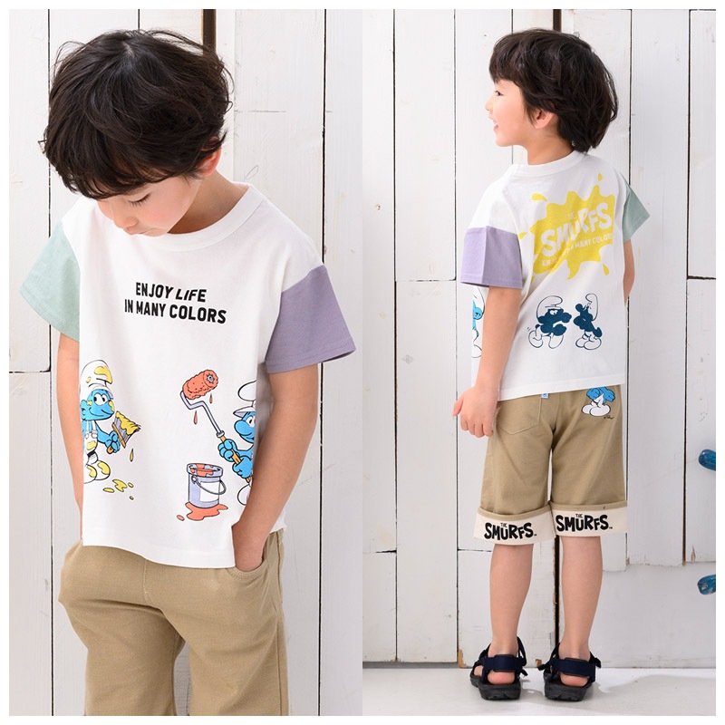 子供服 トップス 夏 デザイン 綿100％ 切替 半袖 Tシャツ( 80-130cm )【 SMURFS スマーフ 】 こども キッズ ベビー 二次加工 男の子 女の子 おしゃれ 可愛い アニメ キャラクター コットン 80cm 90cm 95cm 100cm 110cm 120cm 130cm 