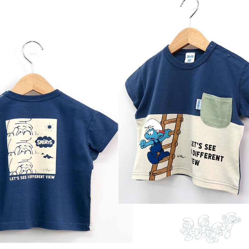 子供服 トップス 夏 デザイン 綿100％ 切替 半袖 Tシャツ( 80-130cm )【 SMURFS スマーフ 】 こども キッズ ベビー 二次加工 男の子 女の子 おしゃれ 可愛い アニメ キャラクター コットン 80cm 90cm 95cm 100cm 110cm 120cm 130cm 