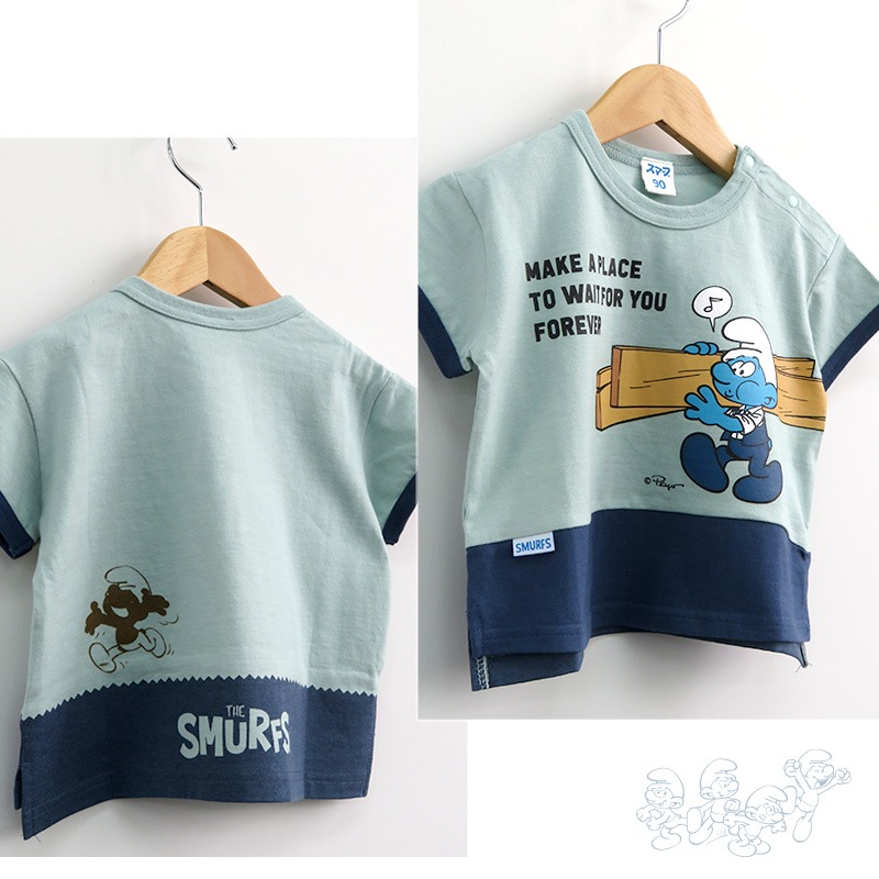 子供服 トップス 夏 デザイン 綿100％ 切替 半袖 Tシャツ( 80-130cm )【 SMURFS スマーフ 】 こども キッズ ベビー 二次加工 男の子 女の子 おしゃれ 可愛い アニメ キャラクター コットン 80cm 90cm 95cm 100cm 110cm 120cm 130cm 