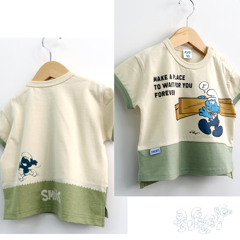 子供服 トップス 夏 デザイン 綿100％ 切替 半袖 Tシャツ( 80-130cm )【 SMURFS スマーフ 】 こども キッズ ベビー 二次加工 男の子 女の子 おしゃれ 可愛い アニメ キャラクター コットン 80cm 90cm 95cm 100cm 110cm 120cm 130cm 