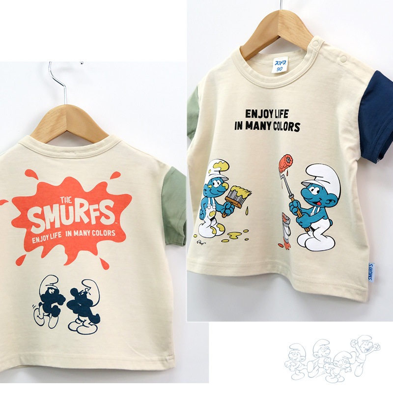 子供服 トップス 夏 デザイン 綿100％ 切替 半袖 Tシャツ( 80-130cm )【 SMURFS スマーフ 】 こども キッズ ベビー 二次加工 男の子 女の子 おしゃれ 可愛い アニメ キャラクター コットン 80cm 90cm 95cm 100cm 110cm 120cm 130cm 