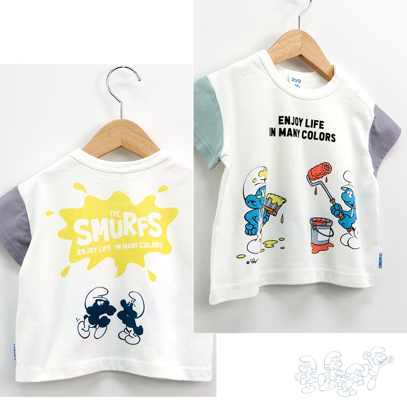 子供服 トップス 夏 デザイン 綿100％ 切替 半袖 Tシャツ( 80-130cm )【 SMURFS スマーフ 】 こども キッズ ベビー 二次加工 男の子 女の子 おしゃれ 可愛い アニメ キャラクター コットン 80cm 90cm 95cm 100cm 110cm 120cm 130cm 