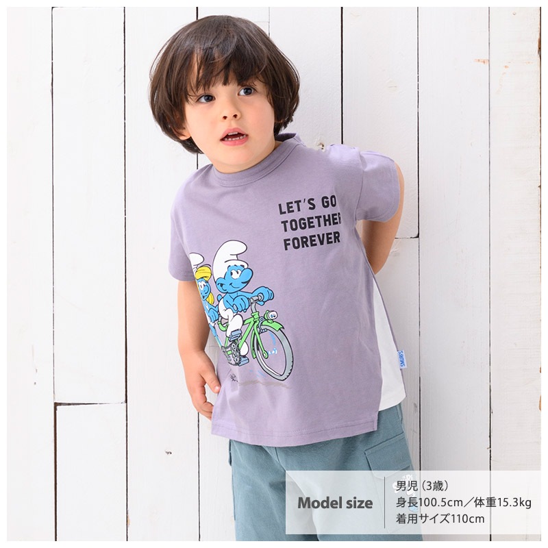 子供服 トップス 夏 デザイン 綿100％ 切替 半袖 Tシャツ( 80-130cm )【 SMURFS スマーフ 】 こども キッズ ベビー 二次加工 男の子 女の子 おしゃれ 可愛い アニメ キャラクター コットン 80cm 90cm 95cm 100cm 110cm 120cm 130cm 