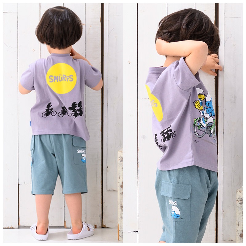 子供服 トップス 夏 デザイン 綿100％ 切替 半袖 Tシャツ( 80-130cm )【 SMURFS スマーフ 】 こども キッズ ベビー 二次加工 男の子 女の子 おしゃれ 可愛い アニメ キャラクター コットン 80cm 90cm 95cm 100cm 110cm 120cm 130cm 