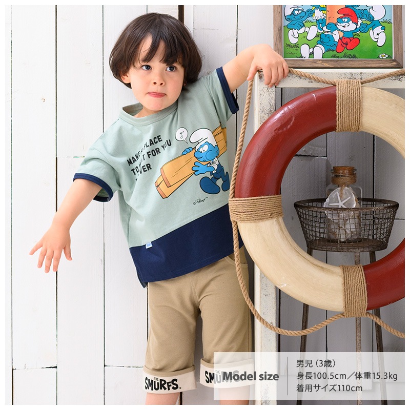 トップス スマーフ 夏 デザイン 綿100 切替 半袖 Tシャツ 80 130cm Sumrfs 子供服 キッズ ベビー 二次加工 カットソー 夏服 男の子 女の子 おしゃれ 可愛い アニメ キャラクター 80cm 90cm 95cm 100cm 110cm 1cm 130cm