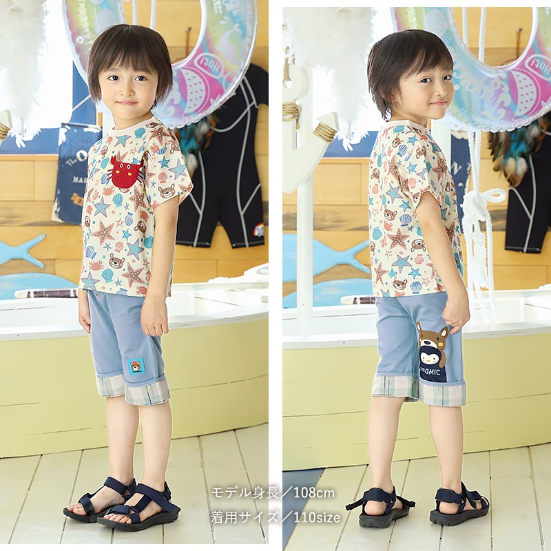 キッズ 5分丈パンツ ハーフパンツ 男の子 女の子 ニットデニム 折り曲げパンツ 【ZOOMIC ズーミック】 ベビー ストレッチ ズボン ボトムス 伸縮 ウエストゴム アニマル 動物 ペンギン アザラシ くま パンダ キャラクター 男児 女児 80 90 95 100 110 120 130