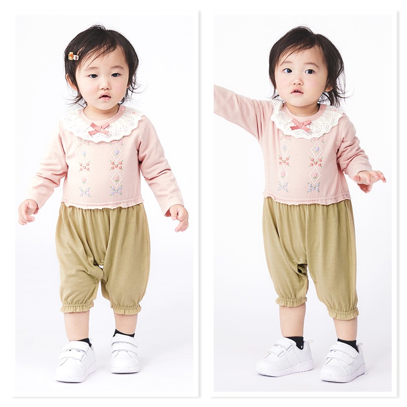 ベビー服 カバーオール 女の子 セパレート フリル 重ね着風 リボン 長袖 ロンパース ( 70-80cm ) 女の子 子供服 キッズ 新生児 ベビーウェア 赤ちゃん かわいい 二次加工 おしゃれ 70cm 80cm ギフト プレゼント 出産祝い 贈り物 ベビーギフト