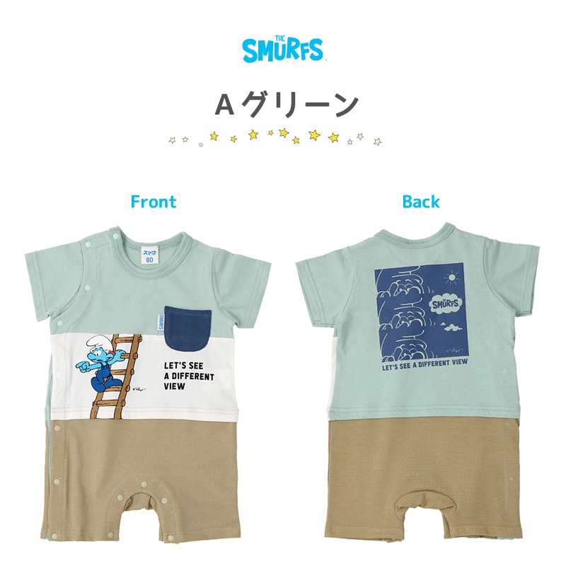 ベビー服 カバーオール スマーフ 夏 デザイン 綿100％ 重ね着風 半袖 ロンパース( 70-80cm )【SMURFS】 子供服 キッズ ベビー 二次加工 夏服 男の子 女の子 おしゃれ 可愛い アニメ キャラクター 新生児 赤ちゃん ベビーウェア 70cm 80cm
