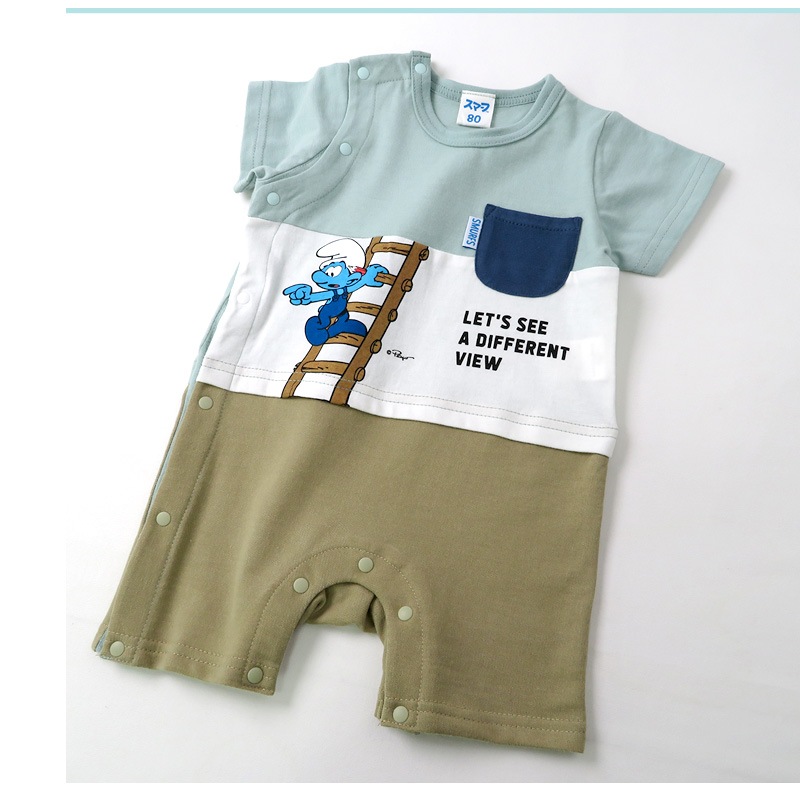  ベビー服 カバーオール スマーフ 夏 デザイン 綿100％ 重ね着風 半袖 ロンパース( 70-80cm )【SMURFS】 子供服 キッズ ベビー 二次加工 夏服 男の子 女の子 おしゃれ 可愛い アニメ キャラクター 新生児 赤ちゃん ベビーウェア 70cm 80cm