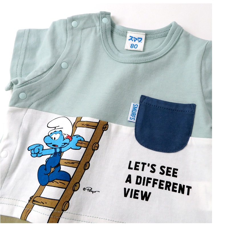 ベビー服 カバーオール スマーフ 夏 デザイン 綿100％ 重ね着風 半袖 ロンパース( 70-80cm )【SMURFS】 子供服 キッズ ベビー 二次加工 夏服 男の子 女の子 おしゃれ 可愛い アニメ キャラクター 新生児 赤ちゃん ベビーウェア 70cm 80cm