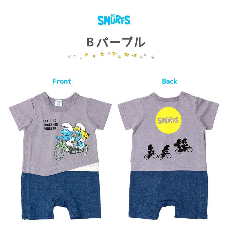  ベビー服 カバーオール スマーフ 夏 デザイン 綿100％ 重ね着風 半袖 ロンパース( 70-80cm )【SMURFS】 子供服 キッズ ベビー 二次加工 夏服 男の子 女の子 おしゃれ 可愛い アニメ キャラクター 新生児 赤ちゃん ベビーウェア 70cm 80cm