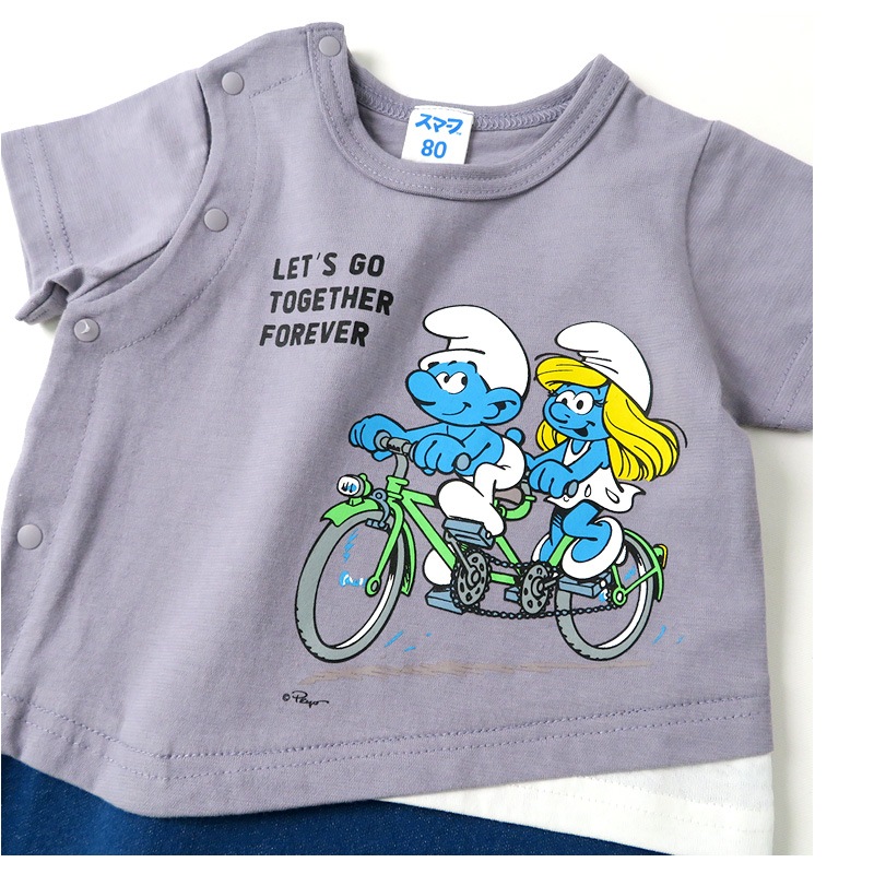  ベビー服 カバーオール スマーフ 夏 デザイン 綿100％ 重ね着風 半袖 ロンパース( 70-80cm )【SMURFS】 子供服 キッズ ベビー 二次加工 夏服 男の子 女の子 おしゃれ 可愛い アニメ キャラクター 新生児 赤ちゃん ベビーウェア 70cm 80cm