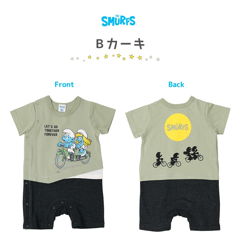  ベビー服 カバーオール スマーフ 夏 デザイン 綿100％ 重ね着風 半袖 ロンパース( 70-80cm )【SMURFS】 子供服 キッズ ベビー 二次加工 夏服 男の子 女の子 おしゃれ 可愛い アニメ キャラクター 新生児 赤ちゃん ベビーウェア 70cm 80cm