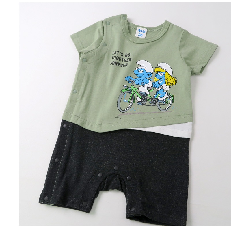  ベビー服 カバーオール スマーフ 夏 デザイン 綿100％ 重ね着風 半袖 ロンパース( 70-80cm )【SMURFS】 子供服 キッズ ベビー 二次加工 夏服 男の子 女の子 おしゃれ 可愛い アニメ キャラクター 新生児 赤ちゃん ベビーウェア 70cm 80cm