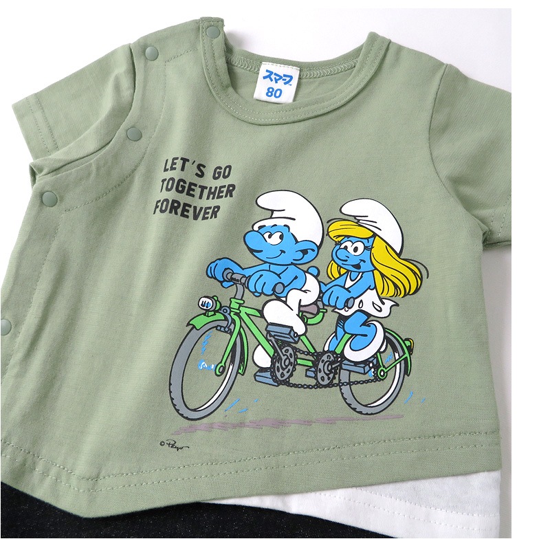  ベビー服 カバーオール スマーフ 夏 デザイン 綿100％ 重ね着風 半袖 ロンパース( 70-80cm )【SMURFS】 子供服 キッズ ベビー 二次加工 夏服 男の子 女の子 おしゃれ 可愛い アニメ キャラクター 新生児 赤ちゃん ベビーウェア 70cm 80cm