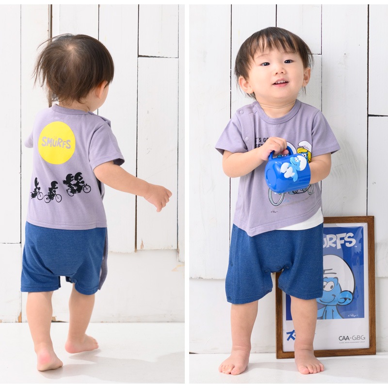  ベビー服 カバーオール スマーフ 夏 デザイン 綿100％ 重ね着風 半袖 ロンパース( 70-80cm )【SMURFS】 子供服 キッズ ベビー 二次加工 夏服 男の子 女の子 おしゃれ 可愛い アニメ キャラクター 新生児 赤ちゃん ベビーウェア 70cm 80cm