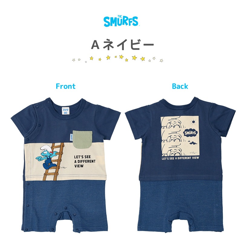  ベビー服 カバーオール スマーフ 夏 デザイン 綿100％ 重ね着風 半袖 ロンパース( 70-80cm )【SMURFS】 子供服 キッズ ベビー 二次加工 夏服 男の子 女の子 おしゃれ 可愛い アニメ キャラクター 新生児 赤ちゃん ベビーウェア 70cm 80cm