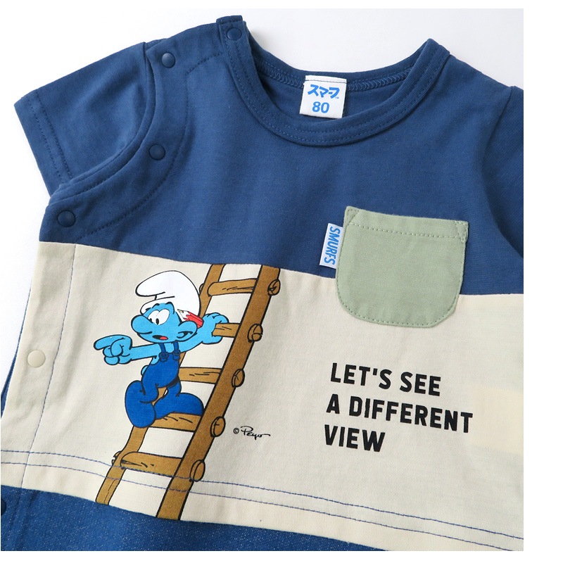  ベビー服 カバーオール スマーフ 夏 デザイン 綿100％ 重ね着風 半袖 ロンパース( 70-80cm )【SMURFS】 子供服 キッズ ベビー 二次加工 夏服 男の子 女の子 おしゃれ 可愛い アニメ キャラクター 新生児 赤ちゃん ベビーウェア 70cm 80cm