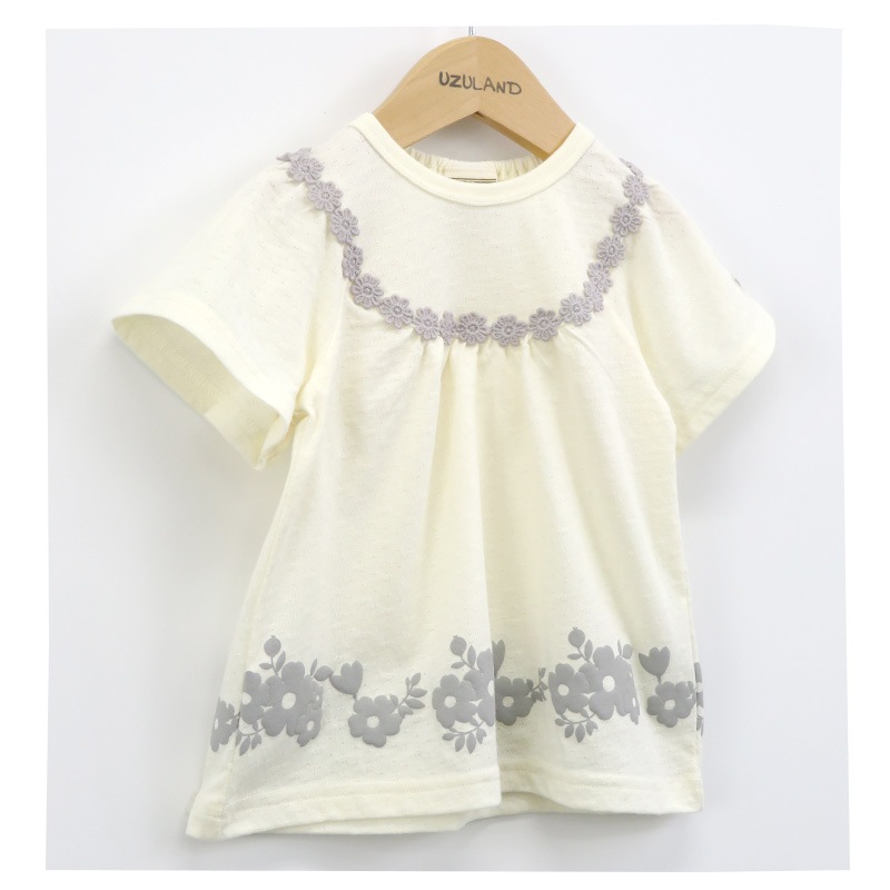 キッズ ベビー Tシャツ 半袖 女の子 ガーリー フラワー 花 レース トップス アイボリー ブルー 【 Uzuland ウズランド 】 子供服 子ども服 クルーネック こども服 ベビー服 女子 ナチュラル ガールズ 80cm 90cm 95cm 100cm 110cm 120cm 130cm