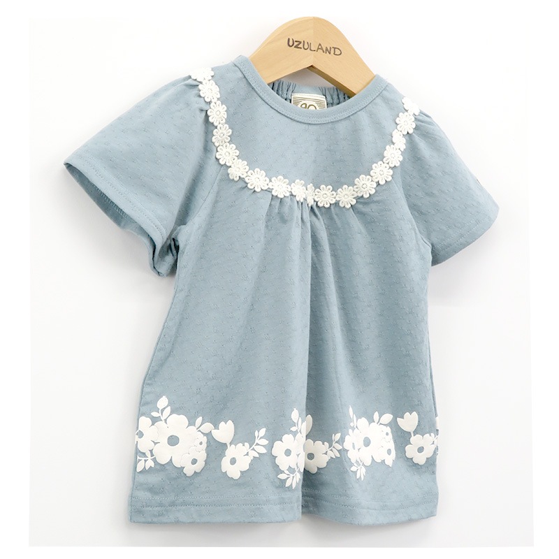 キッズ ベビー Tシャツ 半袖 女の子 ガーリー フラワー 花 レース トップス アイボリー ブルー 【 Uzuland ウズランド 】 子供服 子ども服 クルーネック こども服 ベビー服 女子 ナチュラル ガールズ 80cm 90cm 95cm 100cm 110cm 120cm 130cm