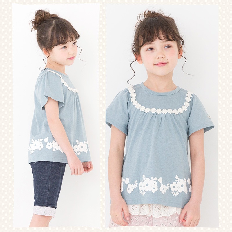 キッズ ベビー Tシャツ 半袖 女の子 ガーリー フラワー 花 レース トップス アイボリー ブルー 【 Uzuland ウズランド 】 子供服 子ども服 クルーネック こども服 ベビー服 女子 ナチュラル ガールズ 80cm 90cm 95cm 100cm 110cm 120cm 130cm