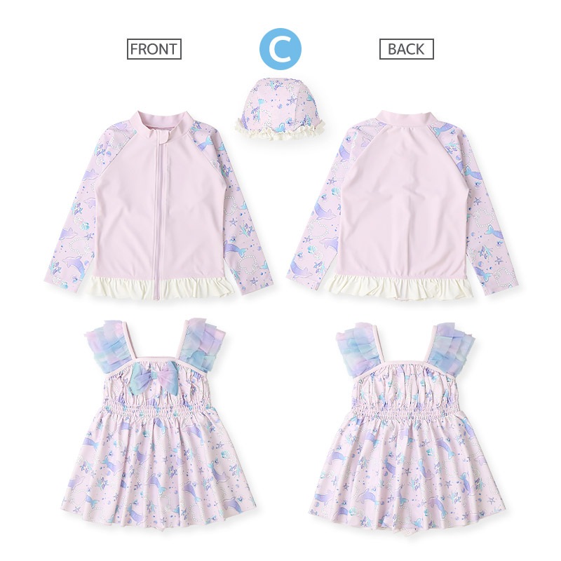 【送料無料】水着 セット キッズ 女の子 スイムウェア 3点セット ( 100-130cm ) 子供 スイムキャップ ワンピース水着 ラッシュガード 長袖 ガールズ セットアップ 可愛い コーディネート スイムセット お揃い リンク 夏 プール 海 スイミング 海水浴 送料無料