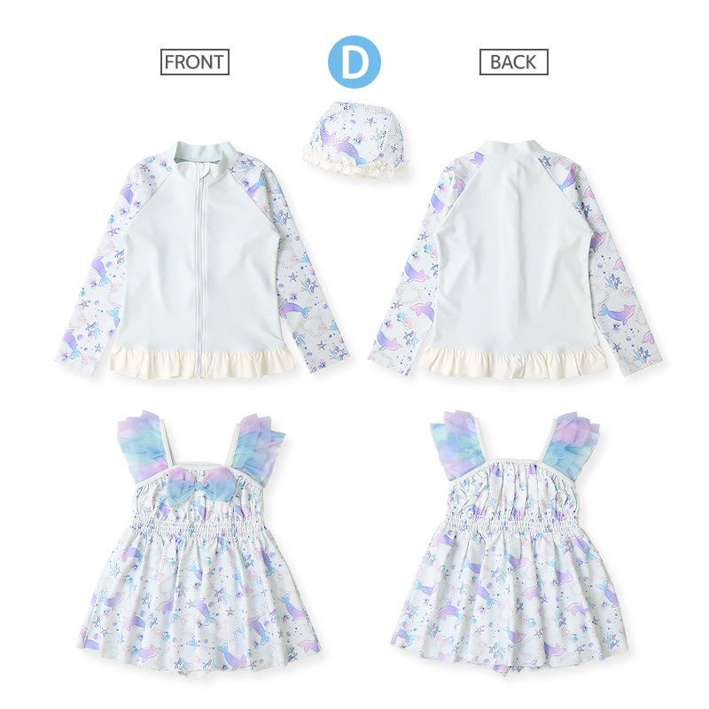 【送料無料】水着 セット キッズ 女の子 スイムウェア 3点セット ( 100-130cm ) 子供 スイムキャップ ワンピース水着 ラッシュガード 長袖 ガールズ セットアップ 可愛い コーディネート スイムセット お揃い リンク 夏 プール 海 スイミング 海水浴 送料無料