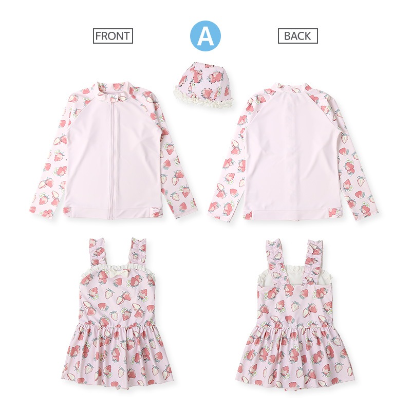 【送料無料】水着 セット キッズ 女の子 スイムウェア 3点セット ( 100-130cm ) 子供 スイムキャップ ワンピース水着 ラッシュガード 長袖 ガールズ セットアップ 可愛い コーディネート スイムセット お揃い リンク 夏 プール 海 スイミング 海水浴 送料無料