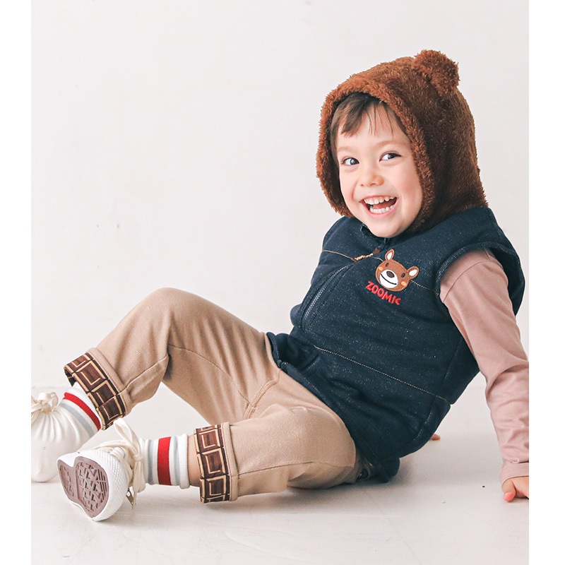 子供服 ボトムス ズーミック チョコレート 折り曲げ ニットデニム 7分丈 パンツ ( 80-130cm)【ZOOMIC】 男の子 キッズ ベビー くま パンダ バックプリント かわいい おしゃれ 秋物 80cm 90cm 95cm 100cm 110cm 120cm 130cm