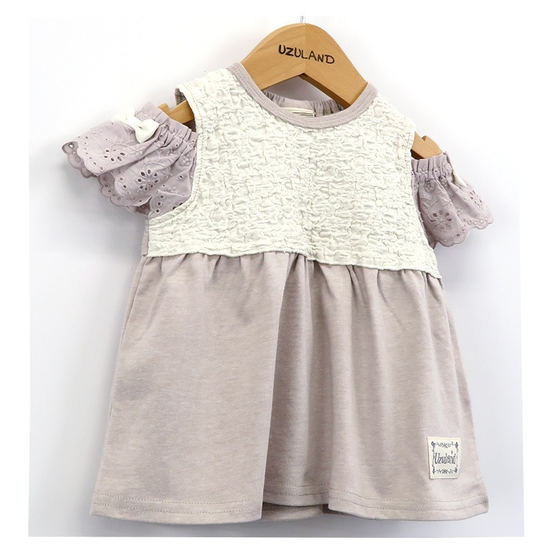 キッズ Tシャツ 半袖 女の子 ガーリー 小花柄 フラワー オフショルダー トップス アイボリー パープル 【 Uzuland ウズランド 】 子供服 ベビー服 切替 可愛い お洒落 女子 ナチュラル ガールズ 80cm 90cm 95cm 100cm 110cm 120cm 130cm