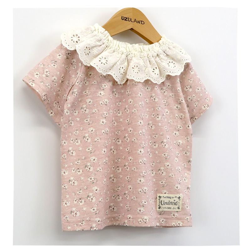 キッズ Tシャツ 半袖 女の子 ガーリー 重ね着風 小花柄 トップス ピンク ラベンダー ( 80-130cm )【 Uzuland ウズランド 】 子供服 ベビー服 切替 フラワー フリル 可愛い お洒落 ナチュラル ガールズ 80cm 90cm 95cm 100cm 110cm 120cm 130cm