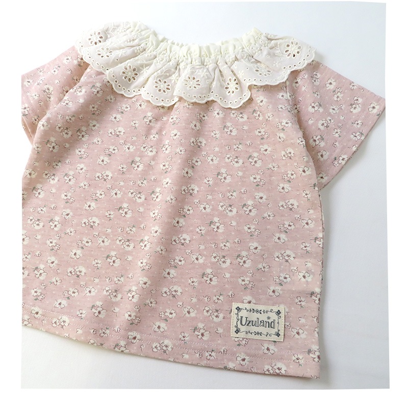 キッズ Tシャツ 半袖 女の子 ガーリー 重ね着風 小花柄 トップス ピンク ラベンダー ( 80-130cm )【 Uzuland ウズランド 】 子供服 ベビー服 切替 フラワー フリル 可愛い お洒落 ナチュラル ガールズ 80cm 90cm 95cm 100cm 110cm 120cm 130cm