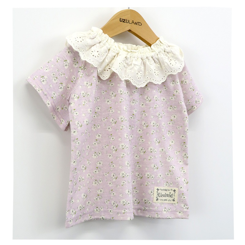 キッズ Tシャツ 半袖 女の子 ガーリー 重ね着風 小花柄 トップス ピンク ラベンダー ( 80-130cm )【 Uzuland ウズランド 】 子供服 ベビー服 切替 フラワー フリル 可愛い お洒落 ナチュラル ガールズ 80cm 90cm 95cm 100cm 110cm 120cm 130cm