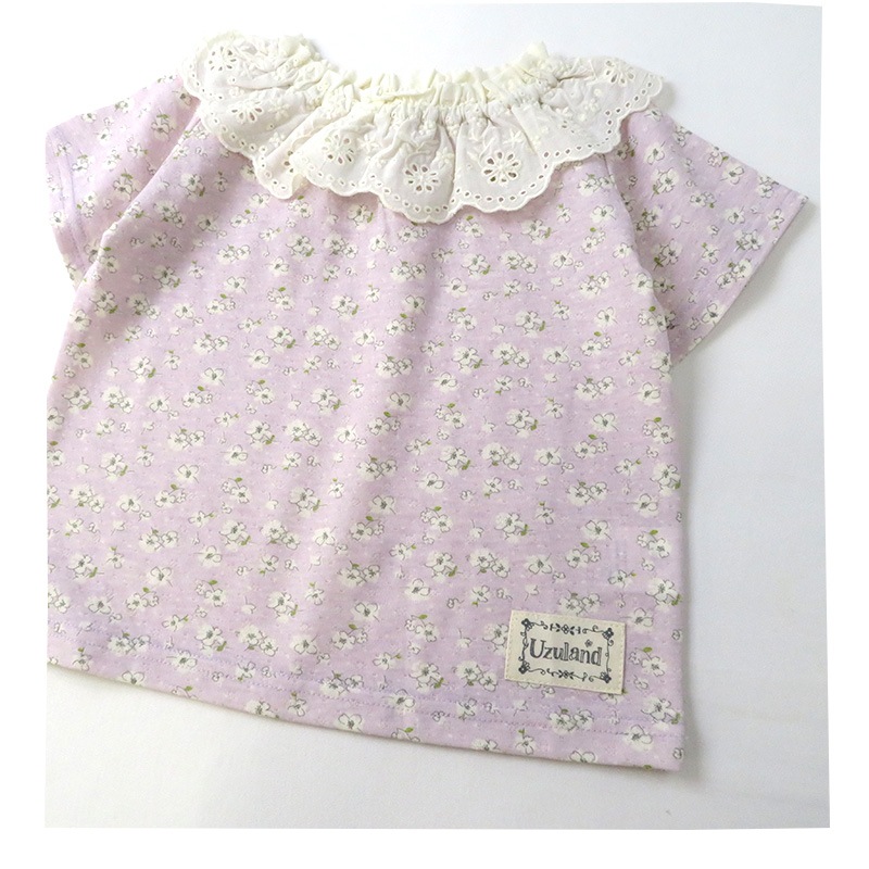 キッズ Tシャツ 半袖 女の子 ガーリー 重ね着風 小花柄 トップス ピンク ラベンダー ( 80-130cm )【 Uzuland ウズランド 】 子供服 ベビー服 切替 フラワー フリル 可愛い お洒落 ナチュラル ガールズ 80cm 90cm 95cm 100cm 110cm 120cm 130cm