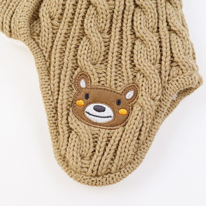 キッズ ベビー ニット帽 耳当て付き 男の子 女の子 ニットキャップ 子供用 帽子 (2サイズ展開 50-54cm)【ZOOMIC ズーミック】 マイクロファイバーフリース アップリケ ケーブル編み チェック 動物 アニマル くま クマ ポンポン 暖かい 防寒 保温 キャップ 暖かい 雪遊び