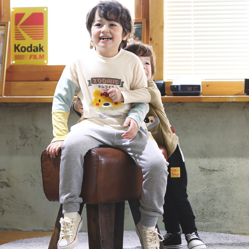 キッズ ロングパンツ 10分丈 男の子 女の子 ミニ裏毛 切替 動物 アニマル くま パンダ 男の子 女の子 (80-130cm)【 ZOOMIC ズーミック 】 ベビー ズボン サルエル 裾リブ ストレッチ スウェット オムライス カレーライス 食べ物 80cm 90cm 95cm 100cm 110cm 120cm 130cm