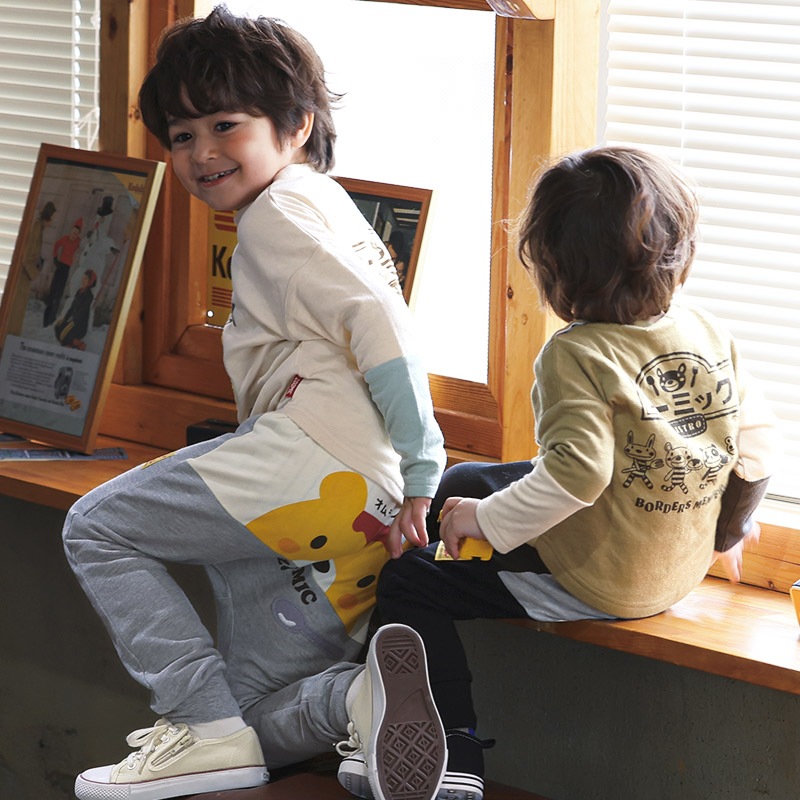 キッズ ロングパンツ 10分丈 男の子 女の子 ミニ裏毛 切替 動物