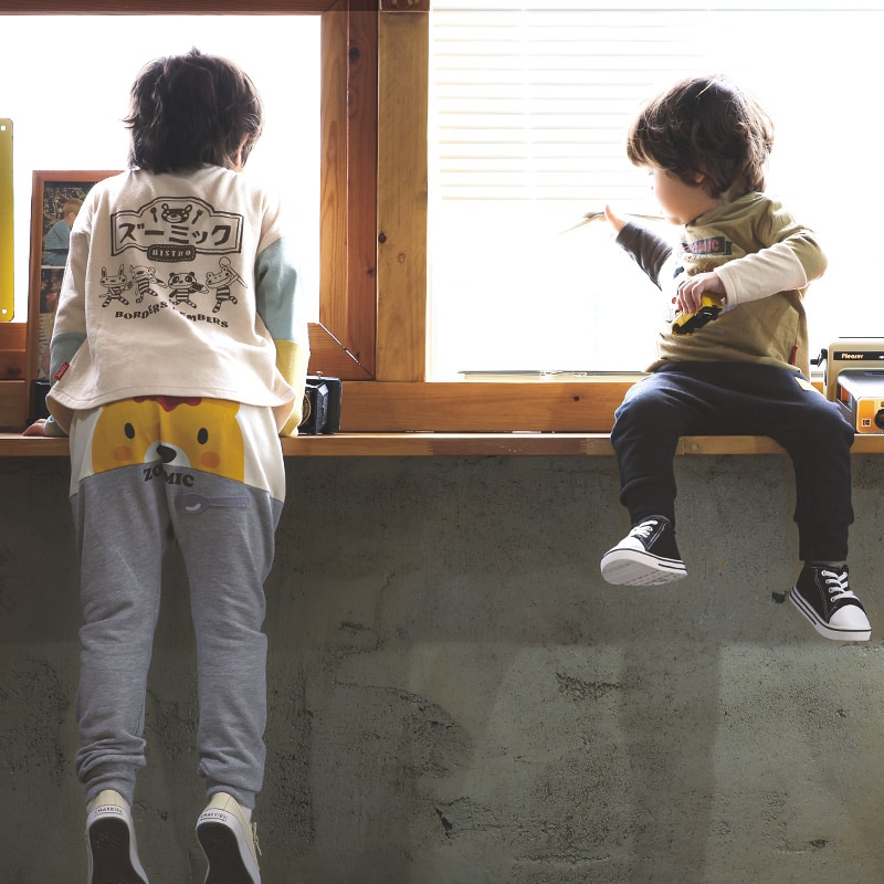 キッズ ロングパンツ 10分丈 男の子 女の子 ミニ裏毛 切替 動物 アニマル くま パンダ 男の子 女の子 (80-130cm)【 ZOOMIC ズーミック 】 ベビー ズボン サルエル 裾リブ ストレッチ スウェット オムライス カレーライス 食べ物 80cm 90cm 95cm 100cm 110cm 120cm 130cm