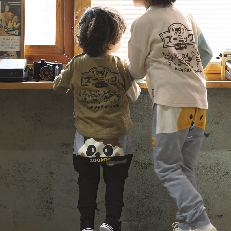 キッズ ロングパンツ 10分丈 男の子 女の子 ミニ裏毛 切替 動物 アニマル くま パンダ 男の子 女の子 (80-130cm)【 ZOOMIC ズーミック 】 ベビー ズボン サルエル 裾リブ ストレッチ スウェット オムライス カレーライス 食べ物 80cm 90cm 95cm 100cm 110cm 120cm 130cm