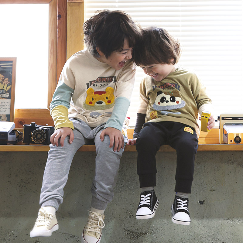 キッズ ロングパンツ 10分丈 男の子 女の子 ミニ裏毛 切替 動物 アニマル くま パンダ 男の子 女の子 (80-130cm)【 ZOOMIC ズーミック 】 ベビー ズボン サルエル 裾リブ ストレッチ スウェット オムライス カレーライス 食べ物 80cm 90cm 95cm 100cm 110cm 120cm 130cm