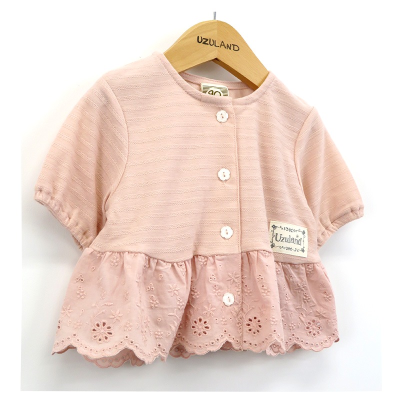 キッズ カーディガン 半袖 女の子 ガーリー トップス ピンク アイボリー 【 Uzuland ウズランド 】 子供服 ベビー服 切替 Tシャツ フリル アウター 羽織り 可愛い お洒落 ナチュラル ガールズ 80cm 90cm 95cm 100cm 110cm 120cm 130cm