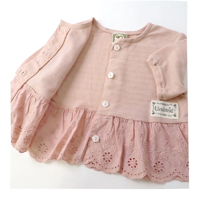 キッズ カーディガン 半袖 女の子 ガーリー トップス ピンク アイボリー 【 Uzuland ウズランド 】 子供服 ベビー服 切替 Tシャツ フリル アウター 羽織り 可愛い お洒落 ナチュラル ガールズ 80cm 90cm 95cm 100cm 110cm 120cm 130cm