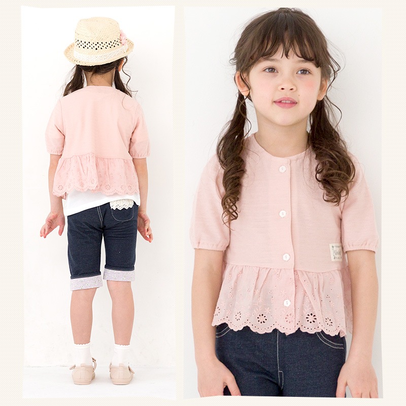 キッズ カーディガン 半袖 女の子 ガーリー トップス ピンク アイボリー 【 Uzuland ウズランド 】 子供服 ベビー服 切替 Tシャツ フリル アウター 羽織り 可愛い お洒落 ナチュラル ガールズ 80cm 90cm 95cm 100cm 110cm 120cm 130cm