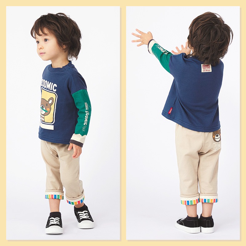 ロンT キッズ ベビー 長袖 Tシャツ 長そで tシャツ トップス キャラクター 男の子 女の子 ( 80-130cm )【 ZOOMIC ズーミック 】 ボーイズ ガールズ 子供服 文具 くま 切替 プリント かわいい 春物 80cm 90cm 95cm 100cm 110cm 120cm 130cm 