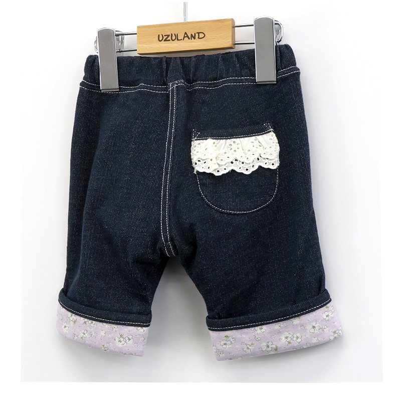 キッズ ハーフパンツ 女の子 ガーリー 小花柄 ポケット ボトムス 【 Uzuland ウズランド 】 ニットデニム 5分丈 半ズボン 子供服 ベビー服 切替 フラワー フリル 可愛い お洒落 ナチュラル ガールズ 80cm 90cm 95cm 100cm 110cm 120cm 130cm
