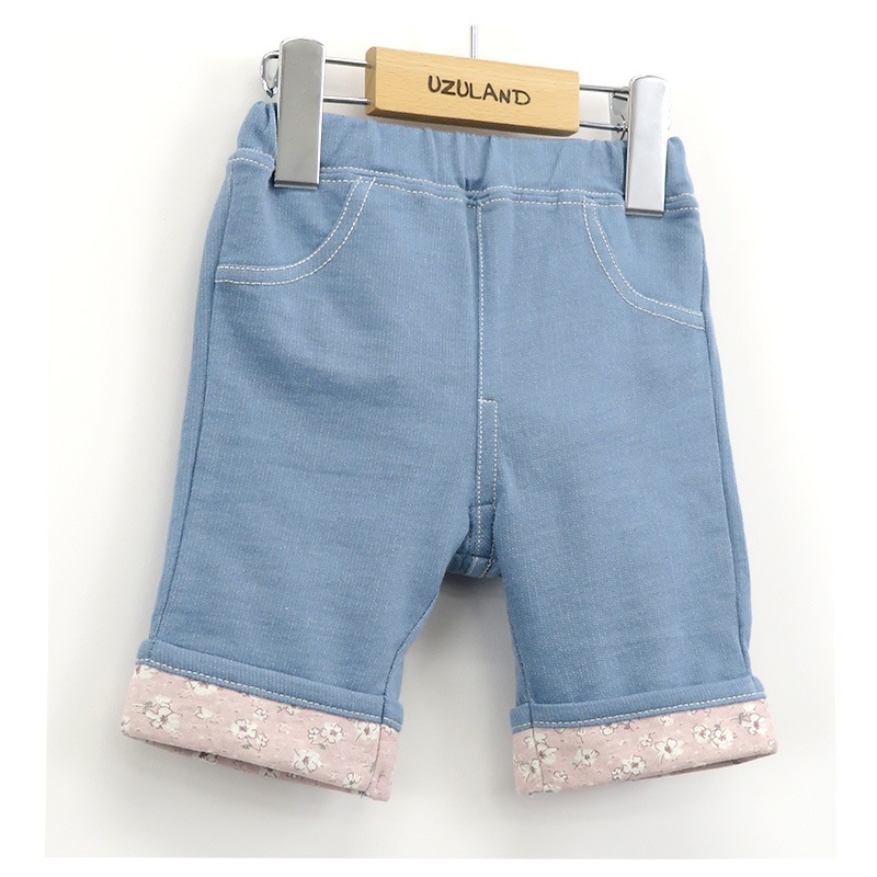 キッズ ハーフパンツ 女の子 ガーリー 小花柄 ポケット ボトムス 【 Uzuland ウズランド 】 ニットデニム 5分丈 半ズボン 子供服 ベビー服 切替 フラワー フリル 可愛い お洒落 ナチュラル ガールズ 80cm 90cm 95cm 100cm 110cm 120cm 130cm